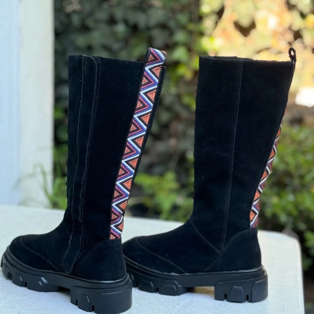 FARM Rio Black Suede Over-the-Knee Boots with Geometric Trim